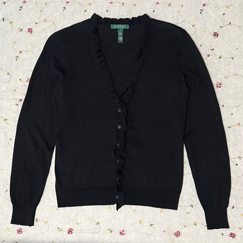 Lauren Ralph Lauren Cotton Cashmere Wool Blend Cardigan Ruffle Trim Black‎ Small